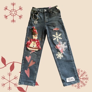 Girl&#39;s Size 10 Embellished &#39;Festive Frosty&#39; Jeans: Boho Hippie Christmas