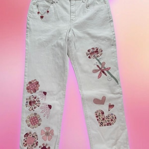 Women&#39;s 16 &#39;Garden Romance&#39; Jeans BRAND NEW EMBELLISHED appliqued patched Unique Custom Boho Hippie Floral Altered denim Patchwork Designed
