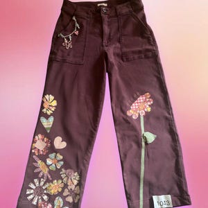 Women&#39;s size 14 &#39;Burgundy Blossom Jeans&#39; New not upcycled Appliqued Patched Unique One of a kind Embellished denim Altered Patchwork Custom
