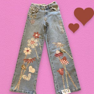 Girl&#39;s size 8 &#39;Ditzy Daisy&#39; jeans Denim Appliqued Embellished Patched NEW not upcycled Custom Altered Boho Hippie Cottagecore Unique Cute