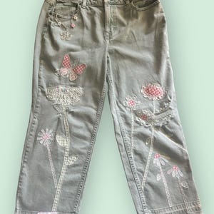 Women&#39;s size 14 &#39;Butterfly Garden&#39; jeans Upcycled Patched Embellished Custom Appliqued denim Boho Hippie Unique Gift idea Whimsical Altered
