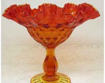 Compotera vintage Fenton Amberina con pedestal ondulado – Huella digital – Cristal artístico, excelente estado