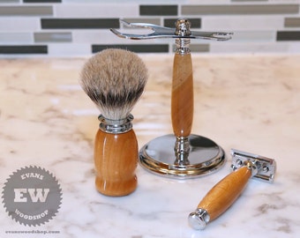 Scheerset - Kersenhout - Handgemaakte scheerset met scheerstandaard, scheerborstel & scheermes - Vaderdagcadeau, Groomsmen Cadeau