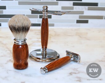Borstel & Razor - Vaderdag cadeau, geschenk van de Groomsmen scheren Kit - rozenhout - handgemaakte Shaving Set met Stand scheren, scheren