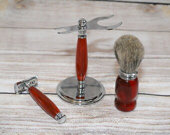Shaving Kit - Bloodwood - Handmade Shaving Set with Shaving Stand, Shave Brush & Razor - Father's Day Gift, Groomsmen Gift