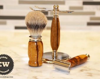 Kit - marblewood bezeichnet - handgemachte rasieren rasieren Set mit rasieren Stand, Dachs Haare rasieren Pinsel & Razor - Geschenk zum Vatertag, Trauzeugen
