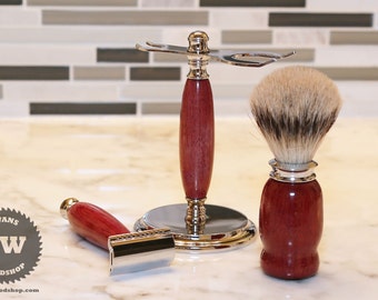 Borstel & Razor - Vaderdag cadeau, geschenk van de Groomsmen scheren Kit - purperhart Wood - handgemaakte Shaving Set met Stand scheren, scheren