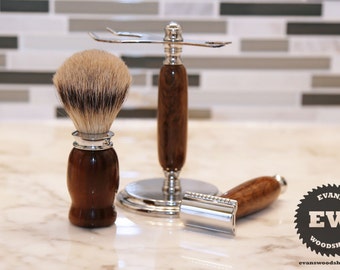 Heren scheerset - Walnut - Handgemaakte scheerset met scheerstandaard, scheerborstel & scheermes - Vaderdagcadeau, Groomsmen Cadeau