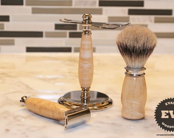 Heren scheerset - Birdseye Maple Wood - Handgemaakte scheerset met scheerstandaard, scheerborstel & scheermes - Vaderdagcadeau, Groomsman Cadeau