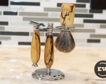 Borstel & Razor - Vaderdag cadeau, Groomsmen Gift Set - Vervuurde tamarinde Wood - handgemaakte scheren Kit met scheren Stand scheren, scheren