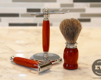 Handgemaakte scheren Kit - Padauk Wood - handgemaakte scheren Set met standaard scheren, scheren borstel & Razor - Vaderdag cadeau, geschenk van de Groomsmen