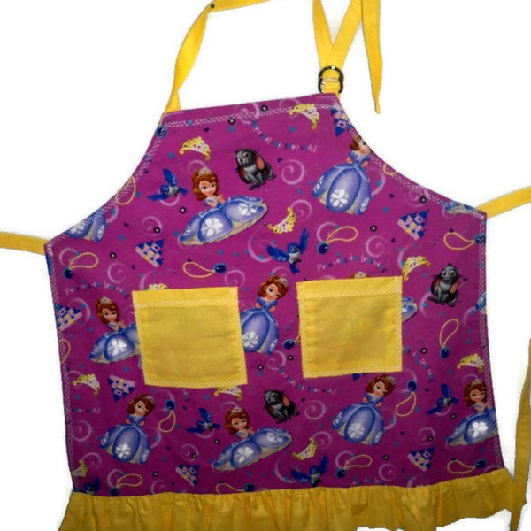 Medium Childs Girls Apron in Sophia the First Princess cotton prints, purple and yellow