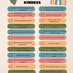 May include: A colorful graphic with the text "DAILY ACTS OF KINDNESS" and a list of kind acts. The image includes a green heart and a rainbow illustration. The list includes acts like writing a card, sharing a snack, and helping with chores.