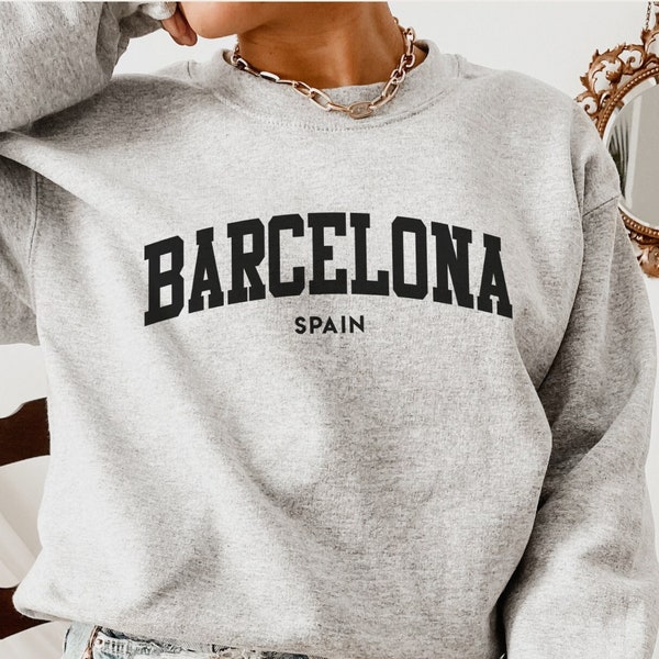 Sudadera de Barcelona, Camisa de Barcelona, Regalo de recuerdo de España, Camisa de España, Suéter de cuello redondo unisex de viaje de Europa