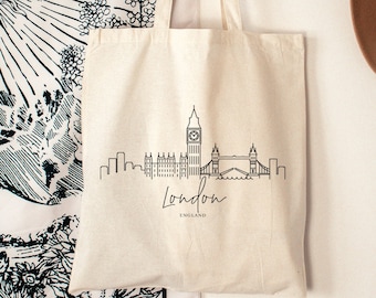 London Cityscape Tote Bag, London Skyline Tote, England Sturdy Tote, London Souvenir, Canvas Bag, Ecofriendly Cotton Durabele Bag