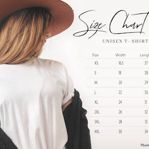 May include: Size chart for a unisex t-shirt. The chart shows the width and length of the shirt in inches for sizes XS to 4XL.