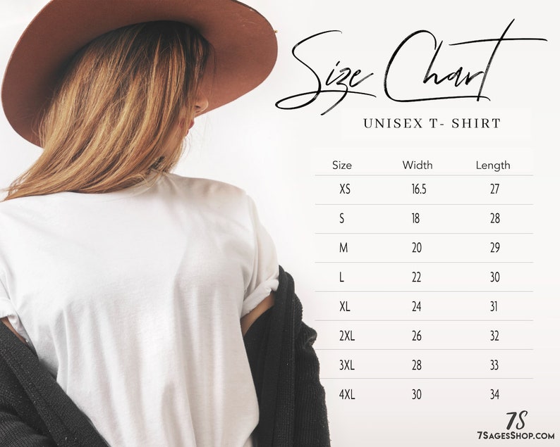 May include: Size chart for a unisex t-shirt. The chart shows the width and length of the shirt in inches for sizes XS to 4XL.