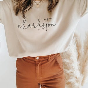 Puede incluir: Una sudadera beige con la palabra "Charleston" en cursiva. La persona lleva pantalones marrones. El fondo incluye una planta decorativa.