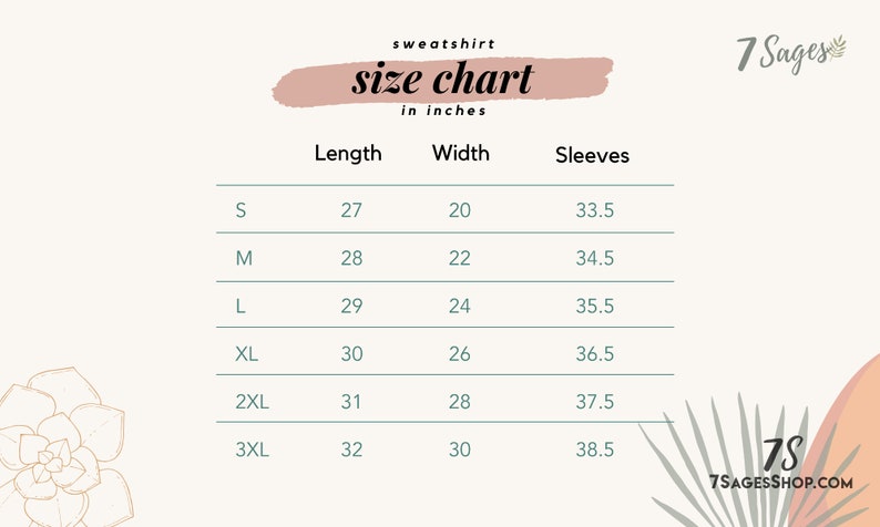 Puede incluir: Una tabla de tallas para sudaderas en pulgadas. La tabla muestra la longitud, el ancho y la longitud de la manga para las tallas S, M, L, XL, 2XL y 3XL.