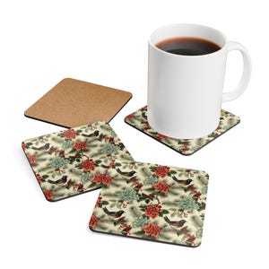 Bird & Floral Coaster Set - Shabby Chic Home Decor, Gift for Bird Lovers, Nature-Inspired Drinkware, Birds and Berries, Bird Coasters