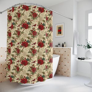 Vintage Blumen Duschvorhang mit Weihnachtssternen und Kardinälen, Weihnachtsbadezimmer, Weihnachtsduschvorhang, viktorianischer Weihnachtstoile