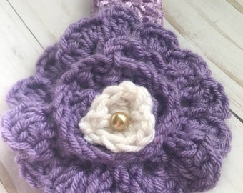 Crochet baby/girls purple flower headband. For everyday wear or use as a prop