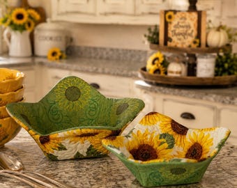 Embroidered Sunflower Microwave Bowl Cozies - Set of 2 - Reversible 100% Cotton