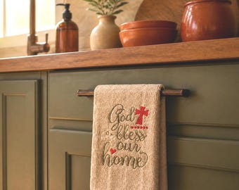 Embroidered God Bless Our Home Kitchen Towel, Olive Green Rust Farmhouse Decor