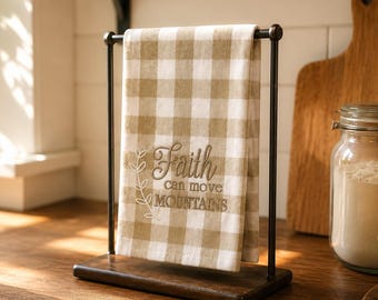 Embroidered Kitchen Towel: Tan Buffalo Plaid, Faith Can Move Mountains