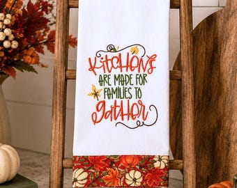 Embroidered Flour Sack Tea Towel, Autumn Family Gather Decorative Accent, Thanksgiving Decor, Hostess Gift