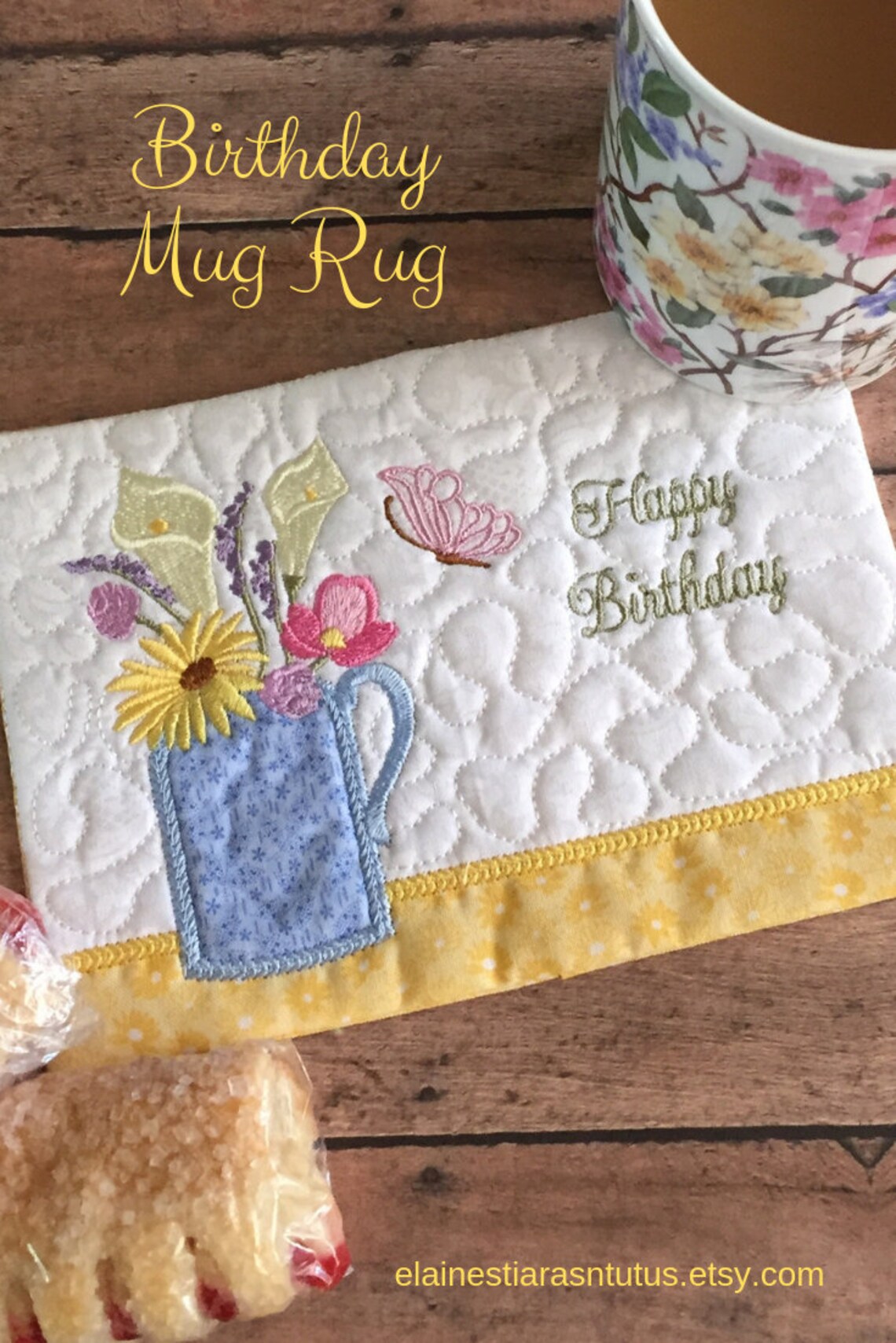 Birthday Mug Rug Embroidered with Multicolored Flowers Etsy