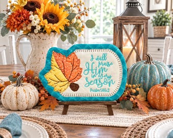 Embroidered Fall Mug Rug: "I Will Praise Him", Autumn Kitchen Decor