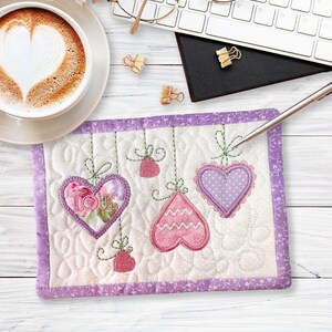 Valentine&#39;s Day Mug Rug: Pink & Lavender Hearts, BFF Gift