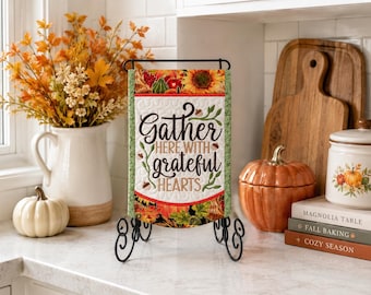 Gather Here with Grateful Hearts Mini Quilt, Embroidered Fall Farmhouse Wall Hanging (6.75" x 10.75")