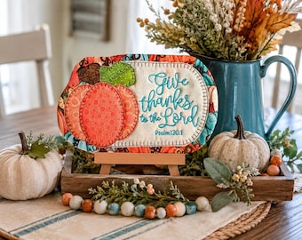 Embroidered Fall Mug Rug "Give Thanks to the Lord," Hostess Gift or Autumn Kitchen Decor