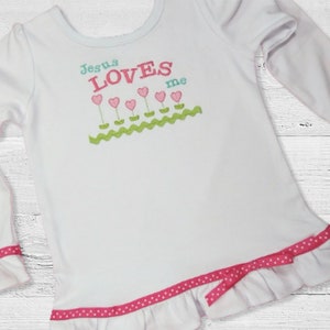 Girls&#39; Embroidered Valentine&#39;s Day Shirt: Jesus Loves Me, Ruffle Trim