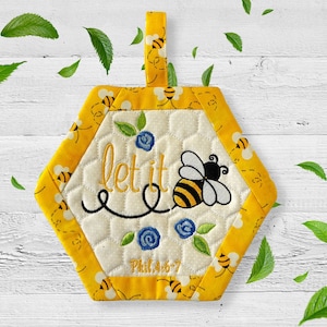 Embroidered Bumble Bee Pot Holder: Christian Kitchen Decor, Bee Lover Gift