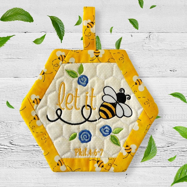 Embroidered Pot Holder, Let it Bee Bumble Bee Kitchen Decor, Decorative Pot Holder with Bible Verse, Bee Lover Gift, Christian Gift