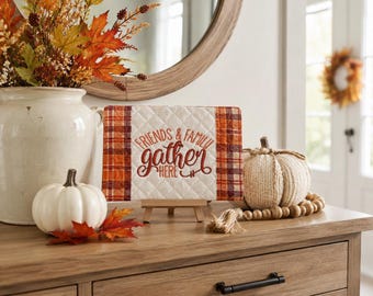 Quilted Mug Rug, Embroidered Friends & Family Gather Here, Fall Plaid Coaster (6.75" x 4.75")
