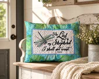 Dragonfly Pillow Cover: Embroidered Psalm 23 Christian Home Decor