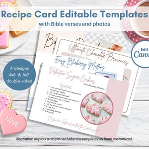 Modelos de cartões de receitas editáveis com versículos bíblicos e fotos, conjunto de 4 designs em dois tamanhos, 4x5 e 5x7, frente e verso, editáveis no Canva