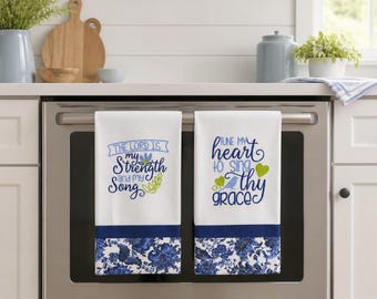 Embroidered Dish Towels Set of 2 with Song Theme Psalm 118:14 and Hymn, Blue Kitchen Décor, Christian Housewarming Gift or Hostess Gift