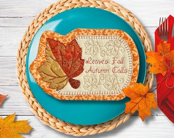 Embroidered Autumn Mug Rug with Leaf Appliqué