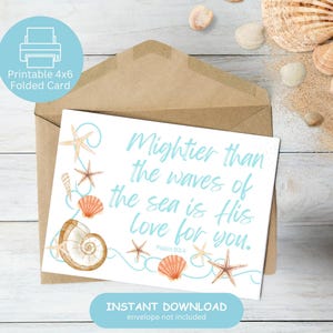 Cartão de Anotações com Versículos Bíblicos para Imprimir, Cartão Dobrado 4x6 com Escritura, Cartão Digital Mightier Than the Waves, Oceano, Download Instantâneo, Interior em Branco