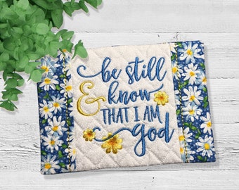 Be Still and Know Mug Rug, Bible Verse Mug Rug in Blue and White with Yellow Dasies