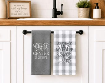 Faith-Based Kitchen Towels: Grey, White, and Buffalo Plaid - Set of 2