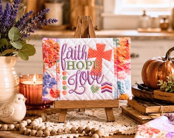Embroidered Floral Mug Rug: Faith, Hope, Love Christian Coaster