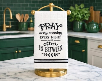 Embroidered Cotton Kitchen Towel, Rustic Farmhouse Pray Decor