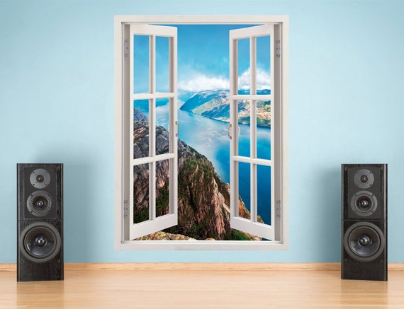 nature wall decal vertical 3D window cliff wall sticker home decor Norway wall art nature poster blue green river poster print photo 040