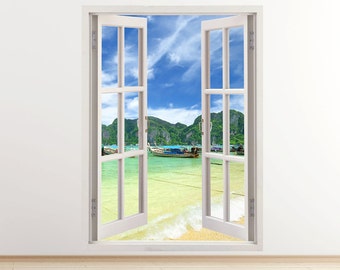 Strand Wand Kunst vertikale 3D-Fenster, Boote Wand Aufkleber Strand Baby Kinderzimmer, Meer Lagune Strand Wandkunst für Zuhause Kinder Kinder Dekoration [111]